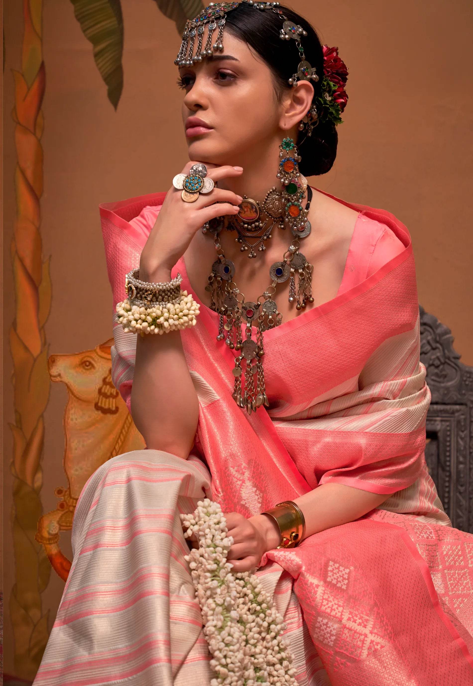 Ivory Brocade Kanjivaram Silk Saree With Blouse Piece - Adi Akshoy & Co.