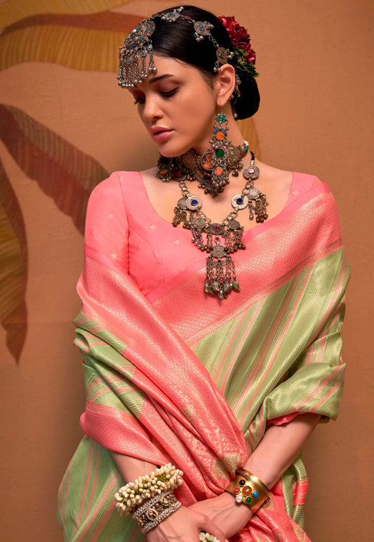 Pastel Green Brocade Kanjivaram Silk Saree With Blouse Piece - Adi Akshoy & Co.