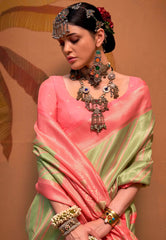 Pastel Green Brocade Kanjivaram Silk Saree With Blouse Piece - Adi Akshoy & Co.