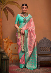 Peach Brocade Kanjivaram Silk Saree With Blouse Piece - Adi Akshoy & Co.
