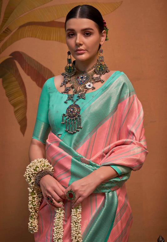 Peach Brocade Kanjivaram Silk Saree With Blouse Piece - Adi Akshoy & Co.