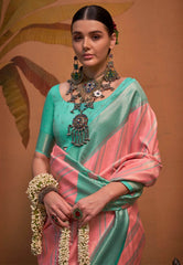 Peach Brocade Kanjivaram Silk Saree With Blouse Piece - Adi Akshoy & Co.