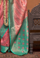 Peach Brocade Kanjivaram Silk Saree With Blouse Piece - Adi Akshoy & Co.