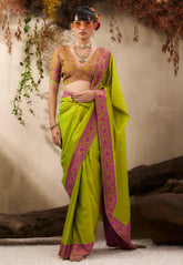 Parrot Green Kanjivaram Silk Saree with Blouse Piece - Adi Akshoy & Co.