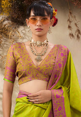 Parrot Green Kanjivaram Silk Saree with Blouse Piece - Adi Akshoy & Co.
