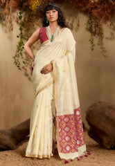 White Cream Tussar Silk Saree with Blouse Piece - Adi Akshoy & Co.