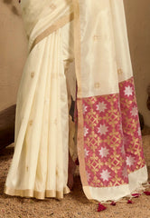 White Cream Tussar Silk Saree with Blouse Piece - Adi Akshoy & Co.