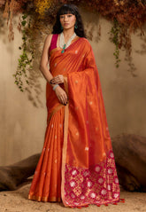Orange Colour Tussar Silk Saree with Blouse Piece - Adi Akshoy & Co.