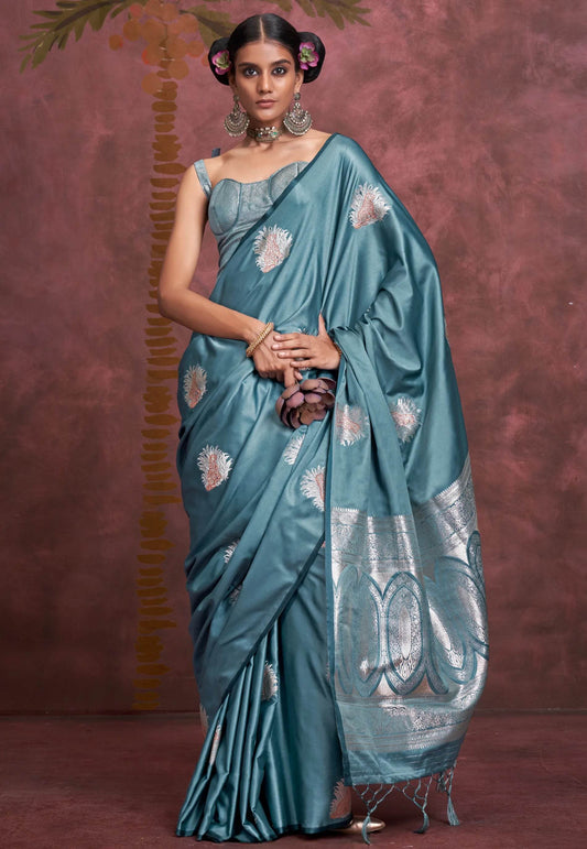 Turquoise Blue Mashru Silk Saree with Blouse Piece - Adi Akshoy & Co.