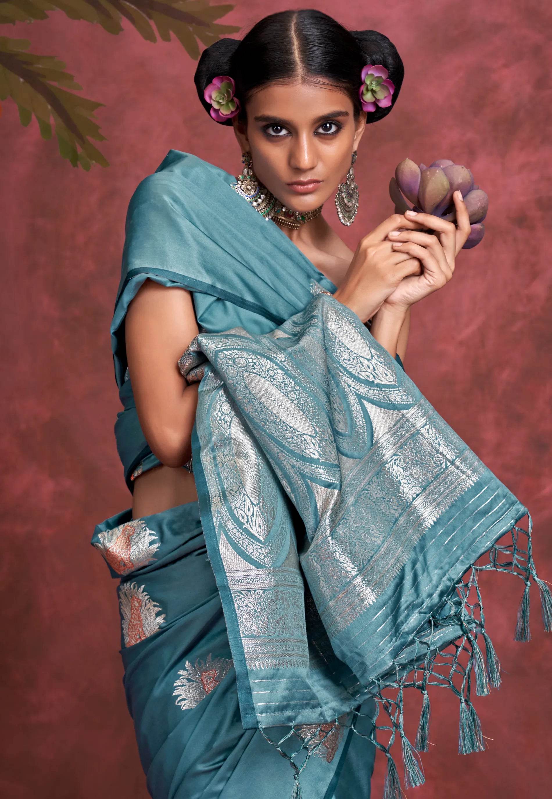Turquoise Blue Mashru Silk Saree with Blouse Piece - Adi Akshoy & Co.
