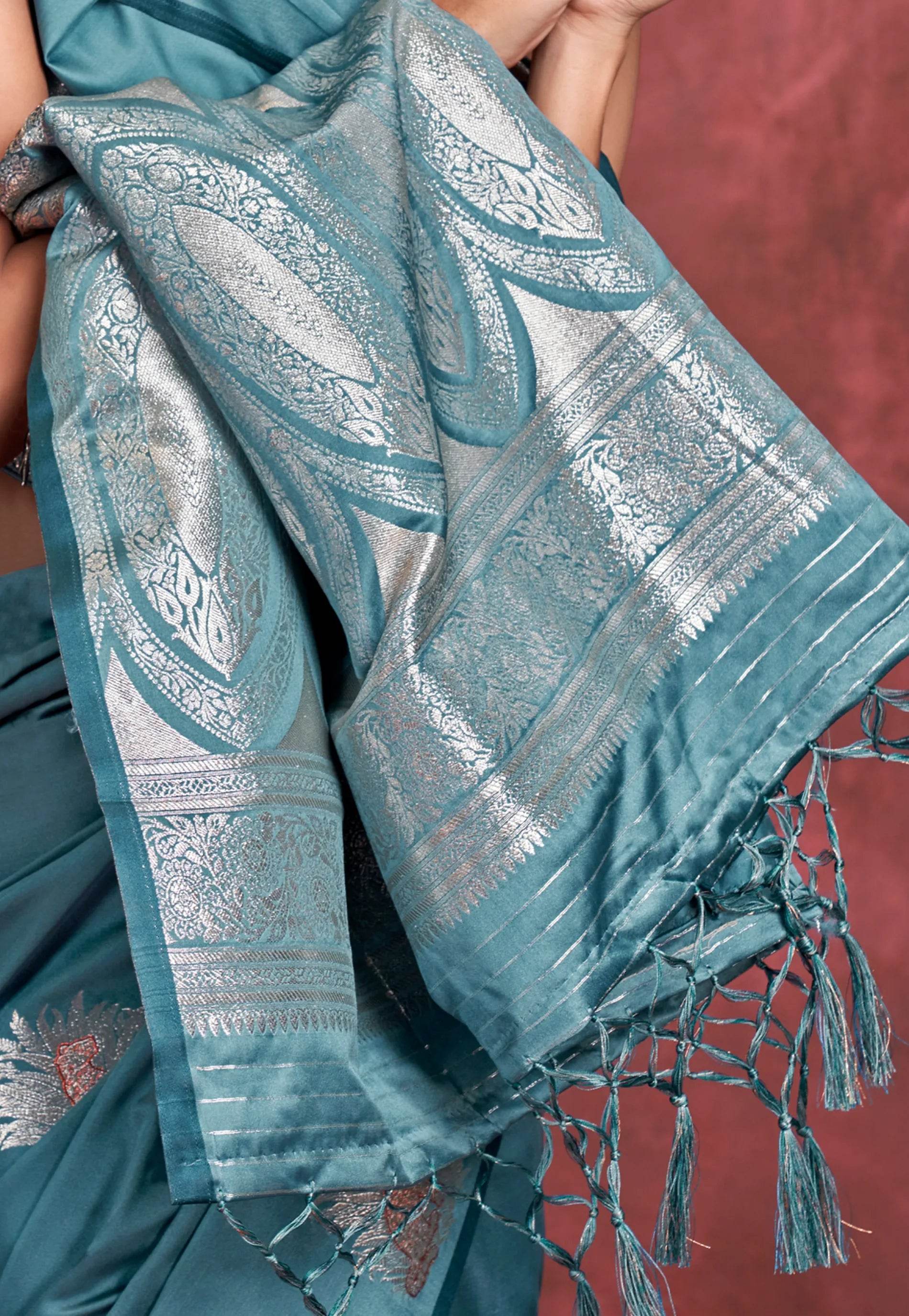 Turquoise Blue Mashru Silk Saree with Blouse Piece - Adi Akshoy & Co.