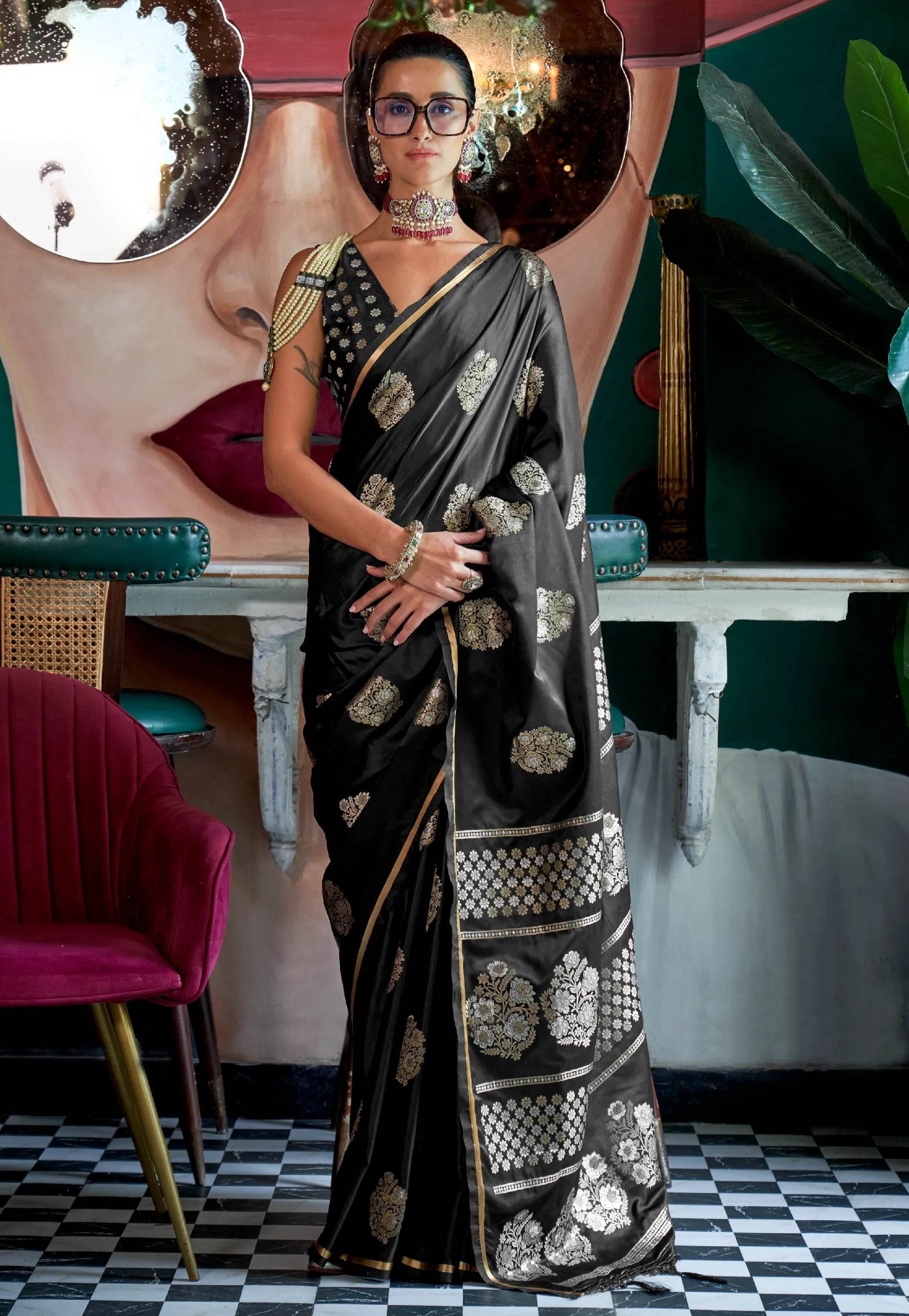 Black Mashru Silk Saree with Blouse Piece - Adi Akshoy & Co.