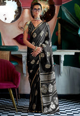 Black Mashru Silk Saree with Blouse Piece - Adi Akshoy & Co.
