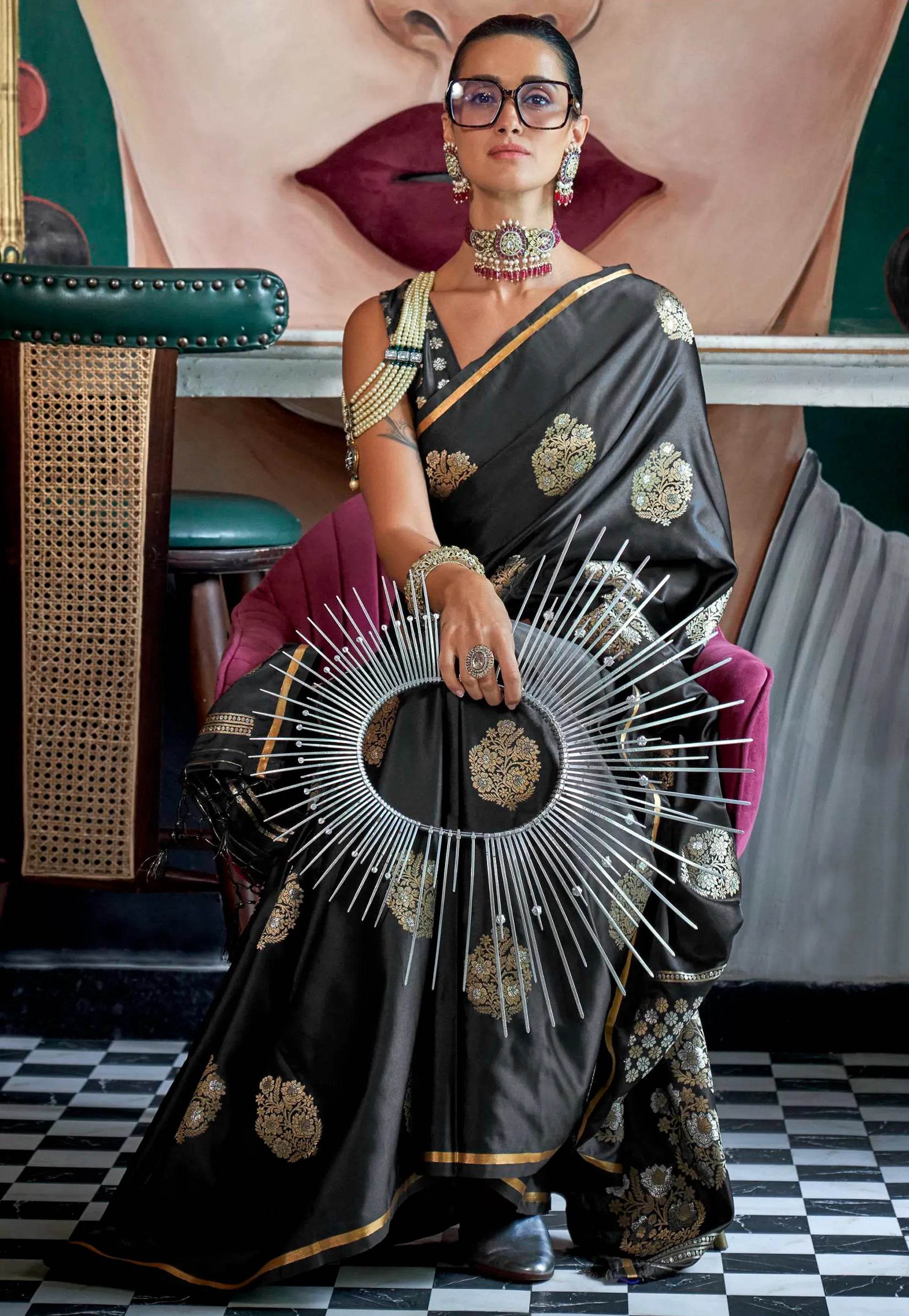 Black Mashru Silk Saree with Blouse Piece - Adi Akshoy & Co.