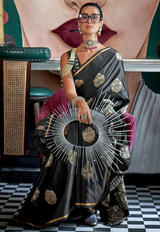 Black Mashru Silk Saree with Blouse Piece - Adi Akshoy & Co.