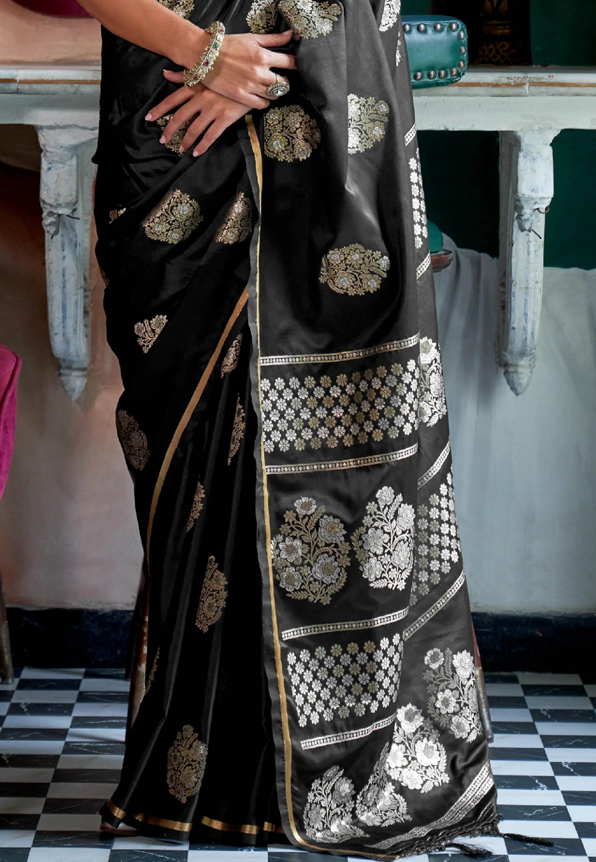 Black Mashru Silk Saree with Blouse Piece - Adi Akshoy & Co.