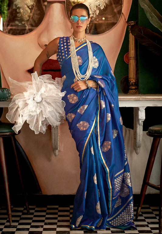 Cross Blue Mashru Silk Saree with Blouse Piece - Adi Akshoy & Co.