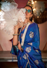 Cross Blue Mashru Silk Saree with Blouse Piece - Adi Akshoy & Co.