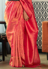 Dual Shades of Pink & Orange Brocade Kanjivaram Silk Saree With Blouse Piece - Adi Akshoy & Co.