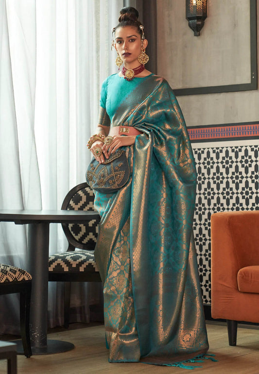 Feroza Blue Kanjivaram Silk Saree With Blouse Piece - Adi Akshoy & Co.
