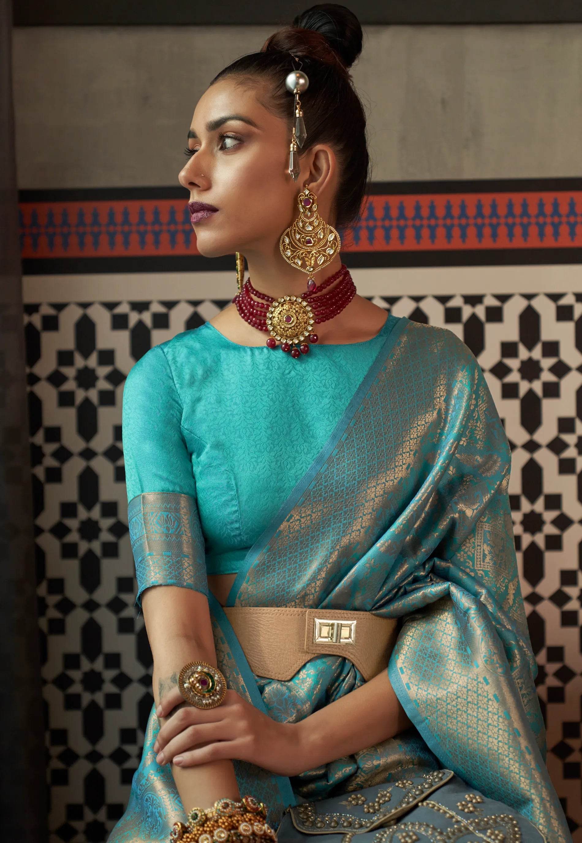 Feroza Blue Kanjivaram Silk Saree With Blouse Piece - Adi Akshoy & Co.
