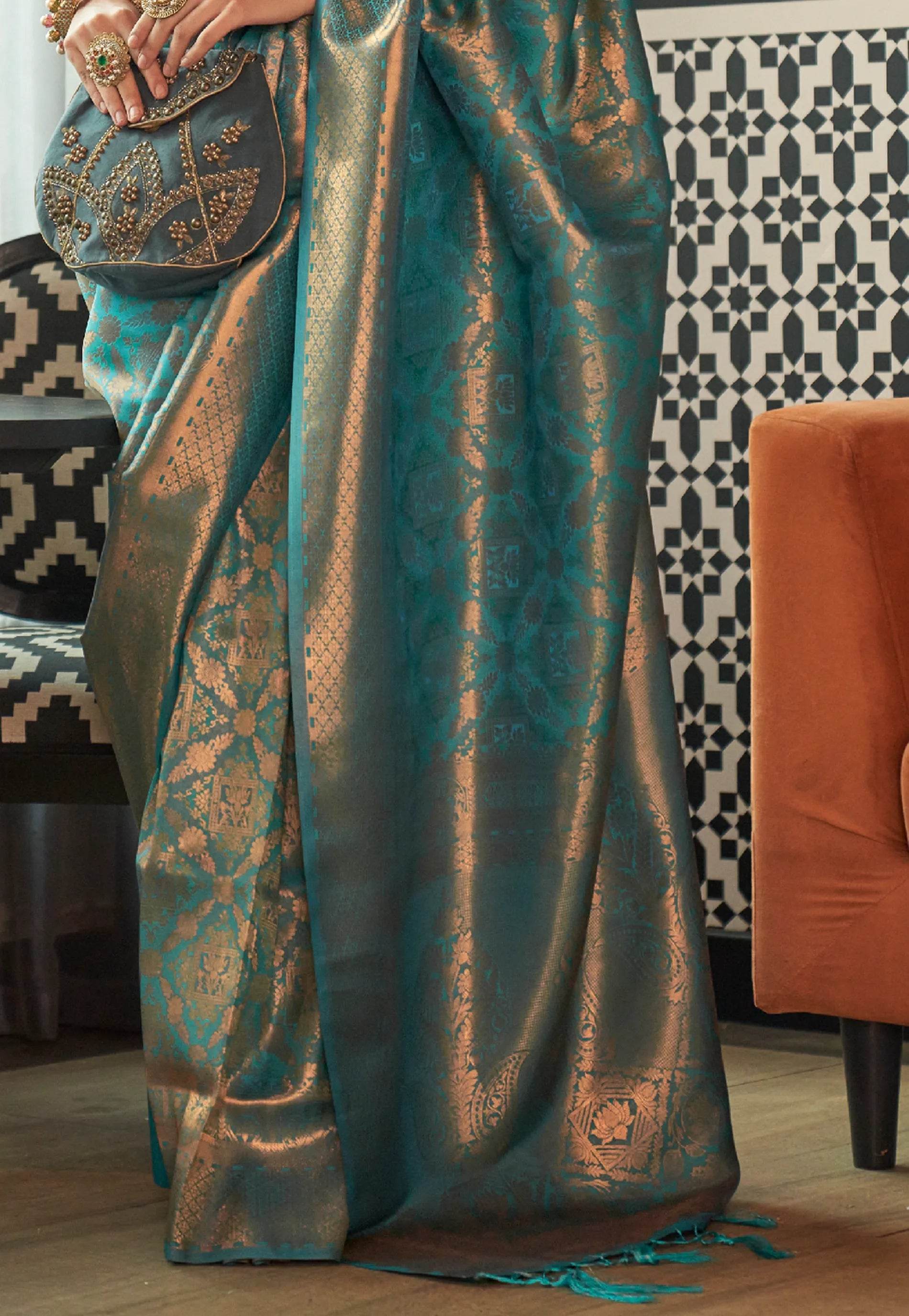 Feroza Blue Kanjivaram Silk Saree With Blouse Piece - Adi Akshoy & Co.