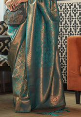 Feroza Blue Kanjivaram Silk Saree With Blouse Piece - Adi Akshoy & Co.