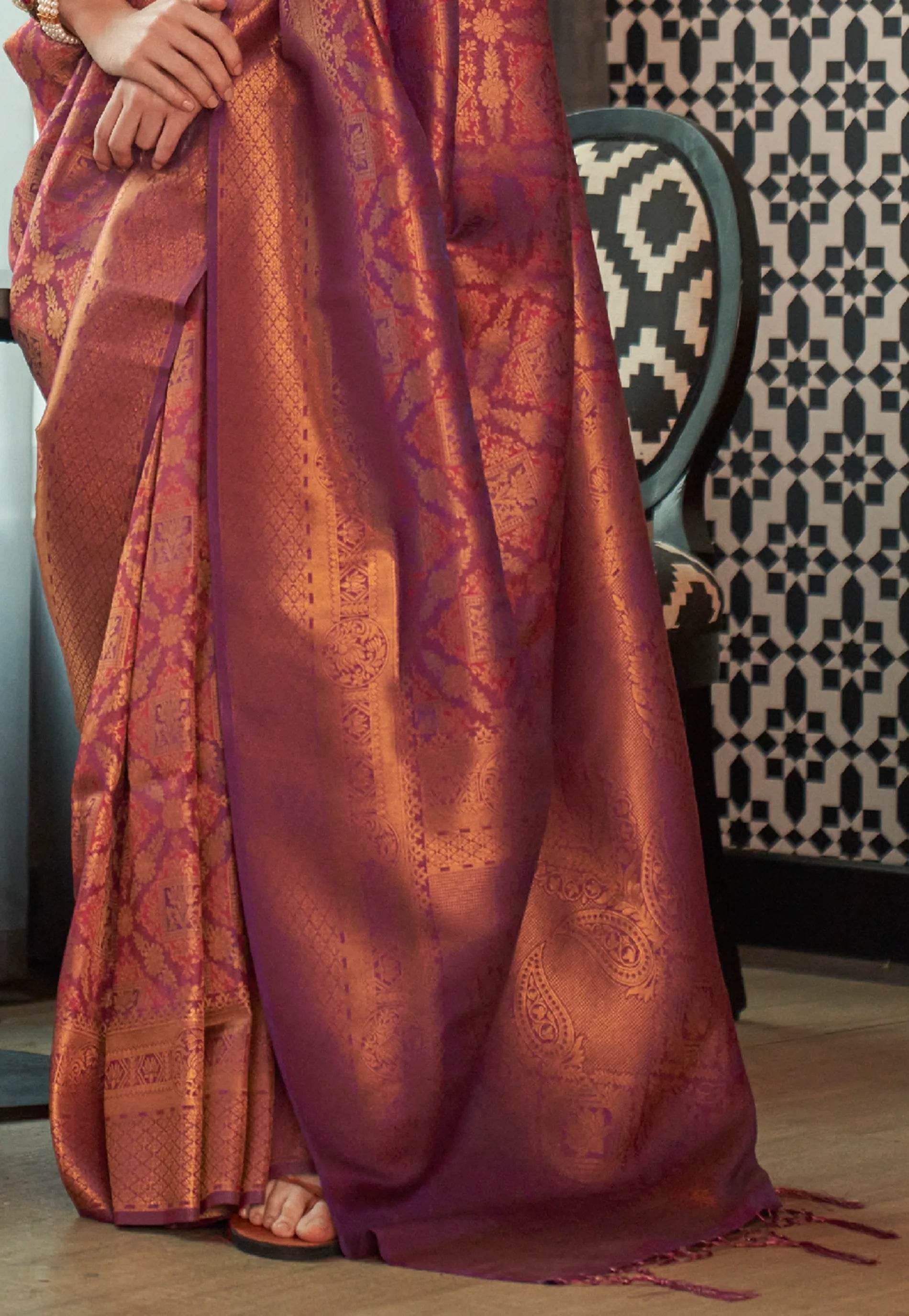 Purple Brocade Kanjivaram Silk Saree With Blouse Piece - Adi Akshoy & Co.