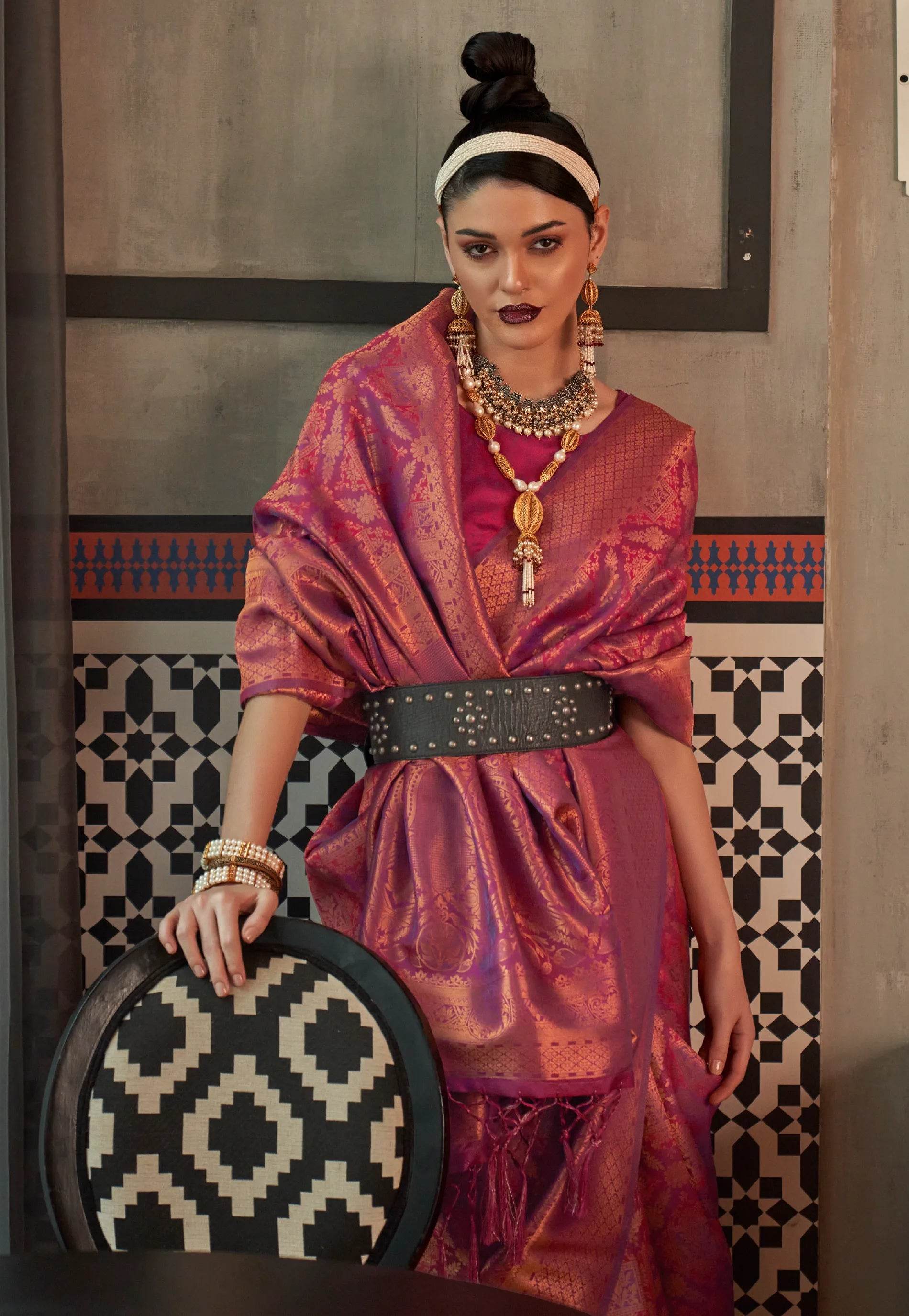 Purple Brocade Kanjivaram Silk Saree With Blouse Piece - Adi Akshoy & Co.