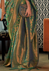 Rama Green Brocade Kanjivaram Silk Saree With Blouse Piece - Adi Akshoy & Co.