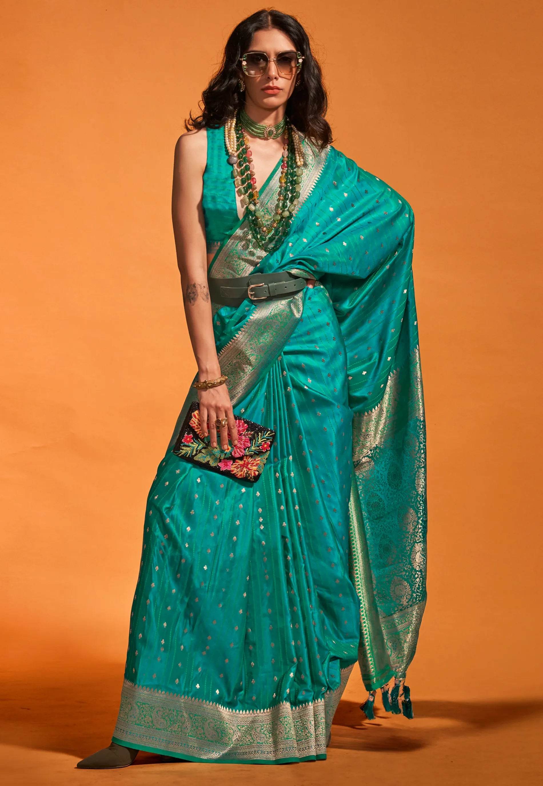 Feroza Blue Kanjivaram Silk Saree With Blouse Piece - Adi Akshoy & Co.