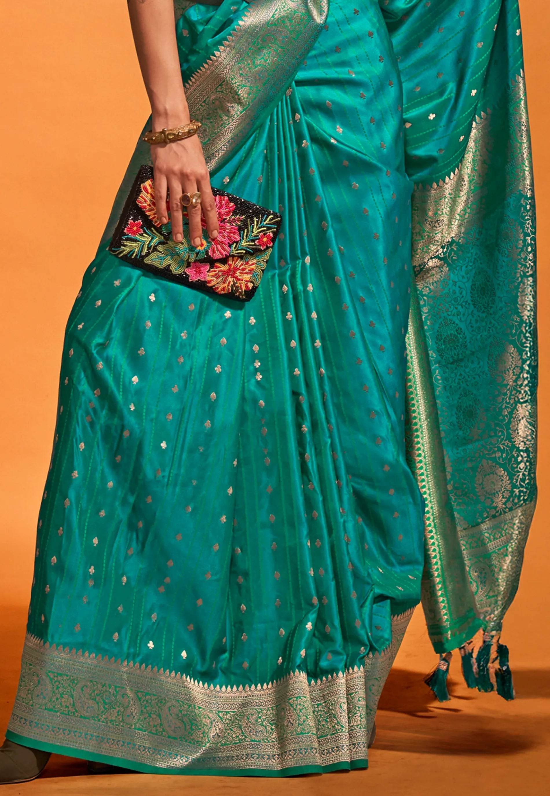 Feroza Blue Kanjivaram Silk Saree With Blouse Piece - Adi Akshoy & Co.