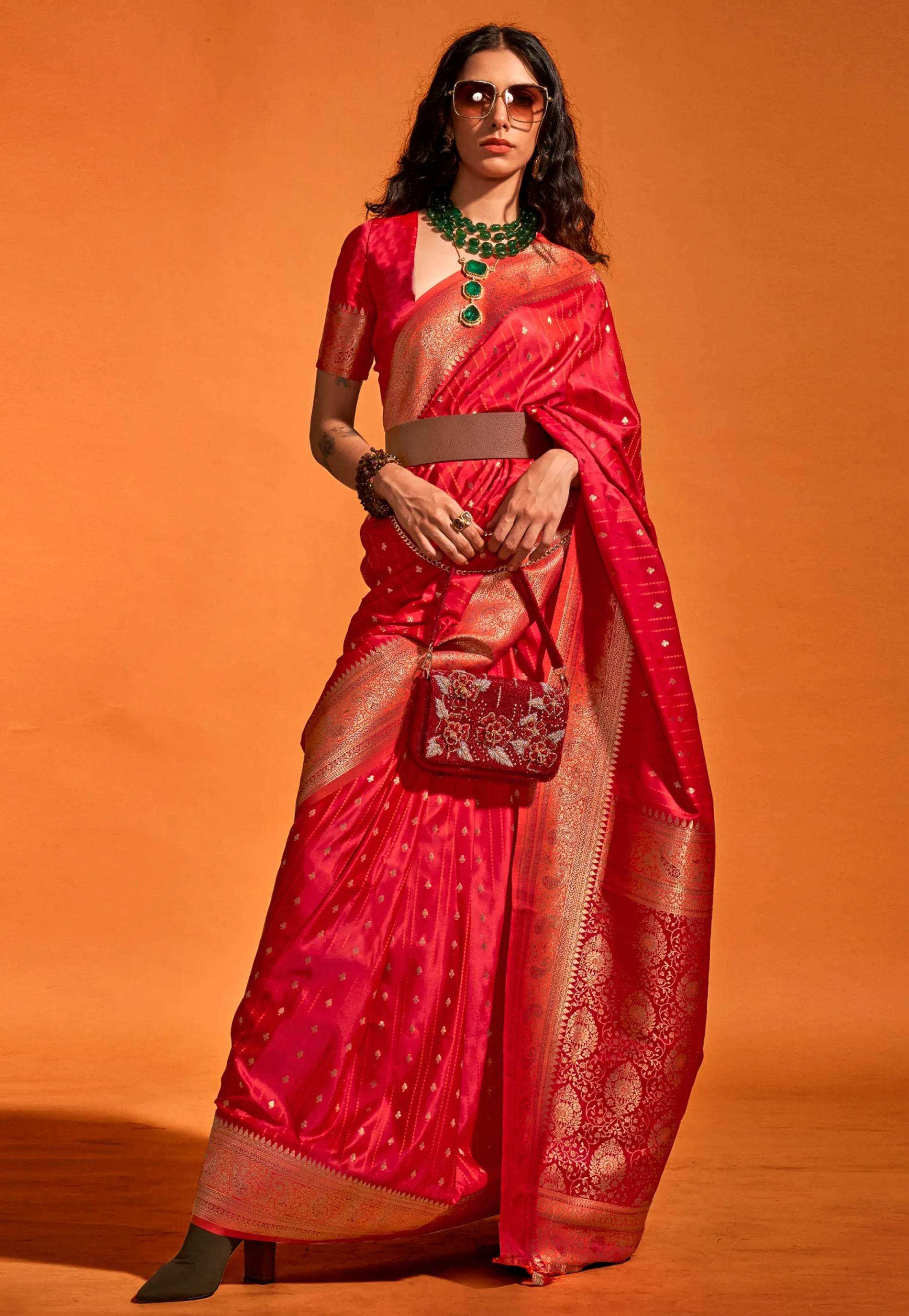 Red Kanjivaram Silk Saree With Blouse Piece - Adi Akshoy & Co.