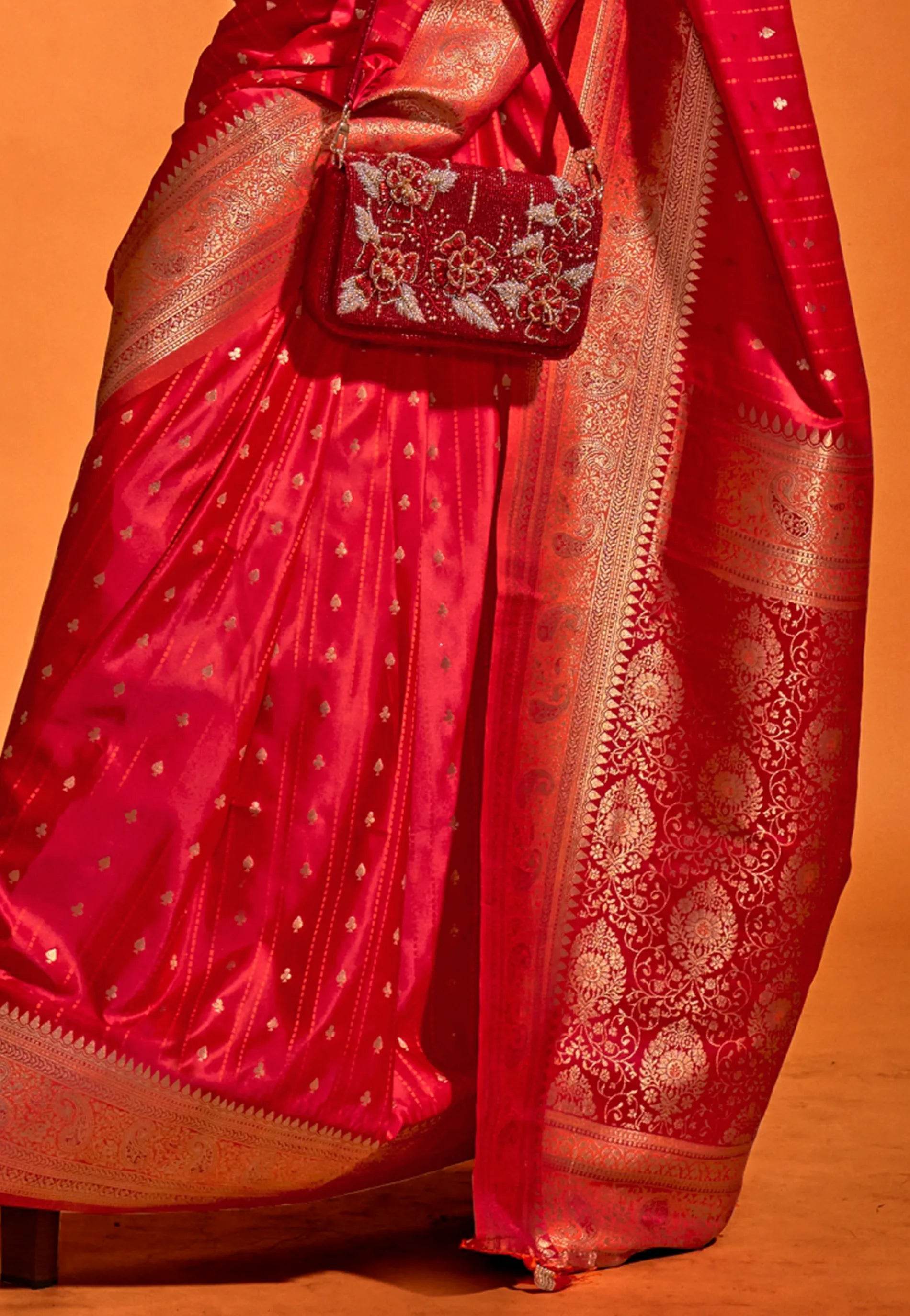 Red Kanjivaram Silk Saree With Blouse Piece - Adi Akshoy & Co.