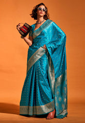 Feroza Blue Kanjivaram Silk Saree With Blouse Piece - Adi Akshoy & Co.