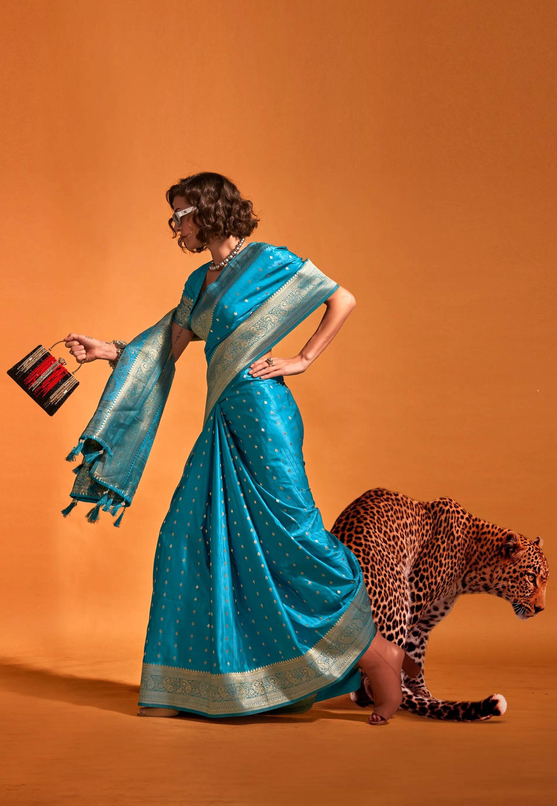 Feroza Blue Kanjivaram Silk Saree With Blouse Piece - Adi Akshoy & Co.