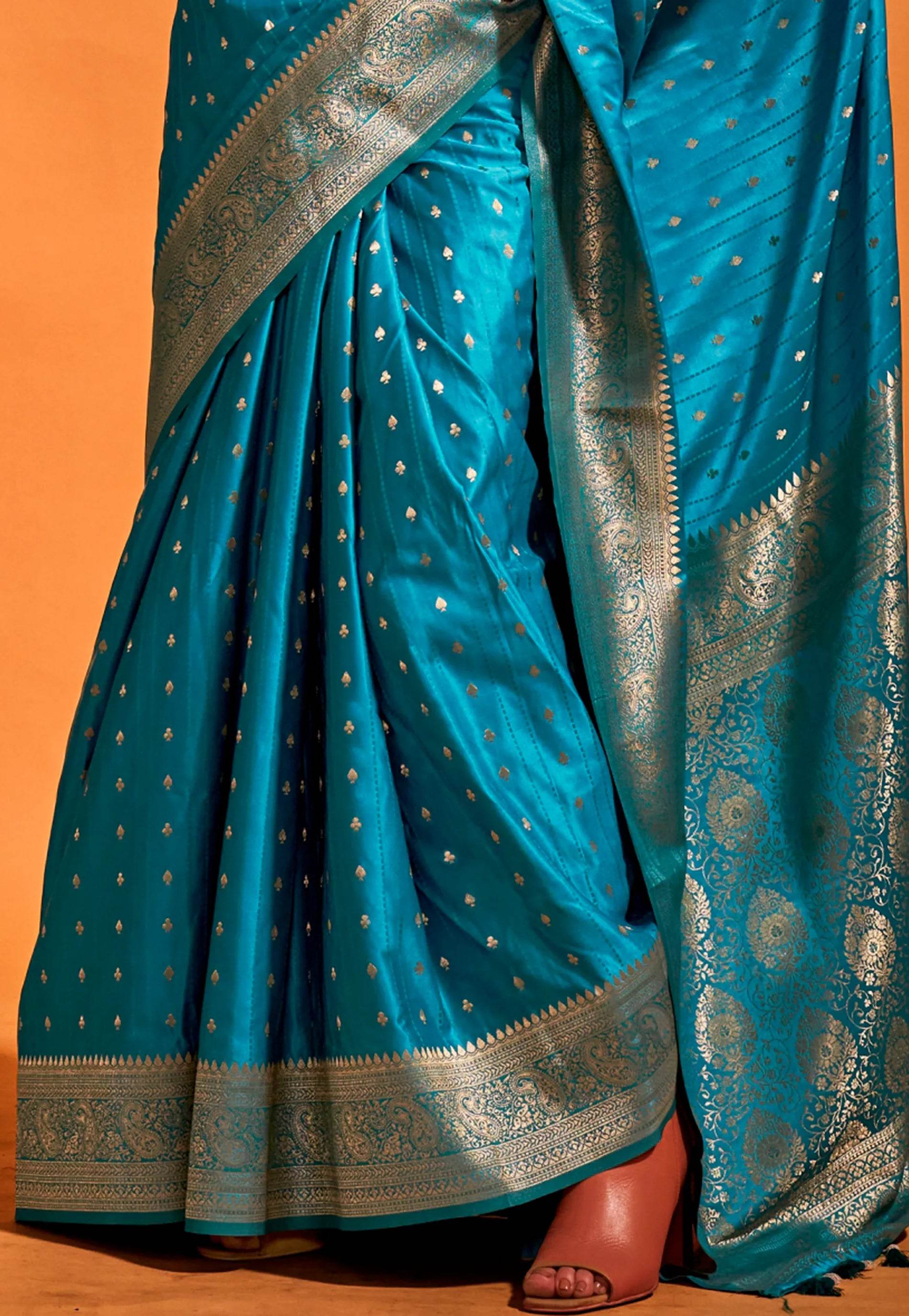 Feroza Blue Kanjivaram Silk Saree With Blouse Piece - Adi Akshoy & Co.