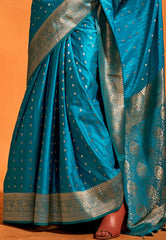 Feroza Blue Kanjivaram Silk Saree With Blouse Piece - Adi Akshoy & Co.