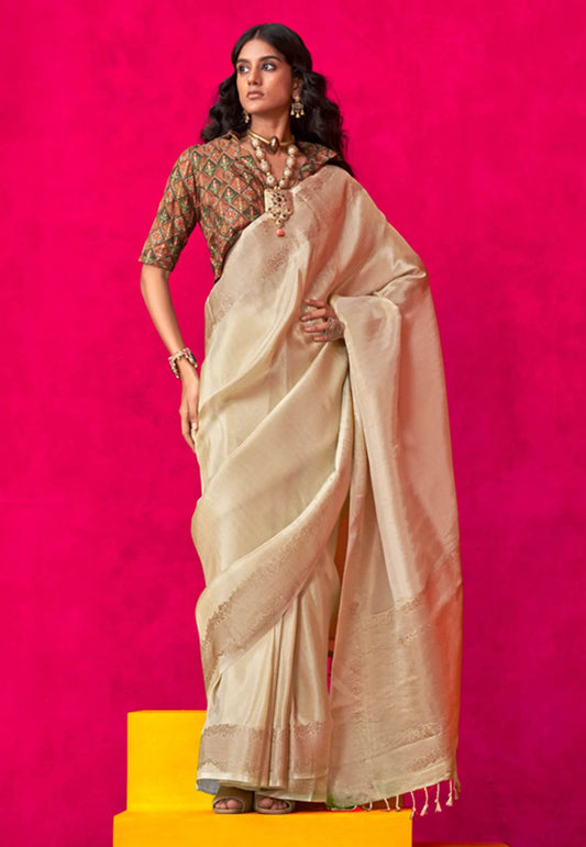 Beige Tissue Silk Saree with Blouse Piece - Adi Akshoy & Co.