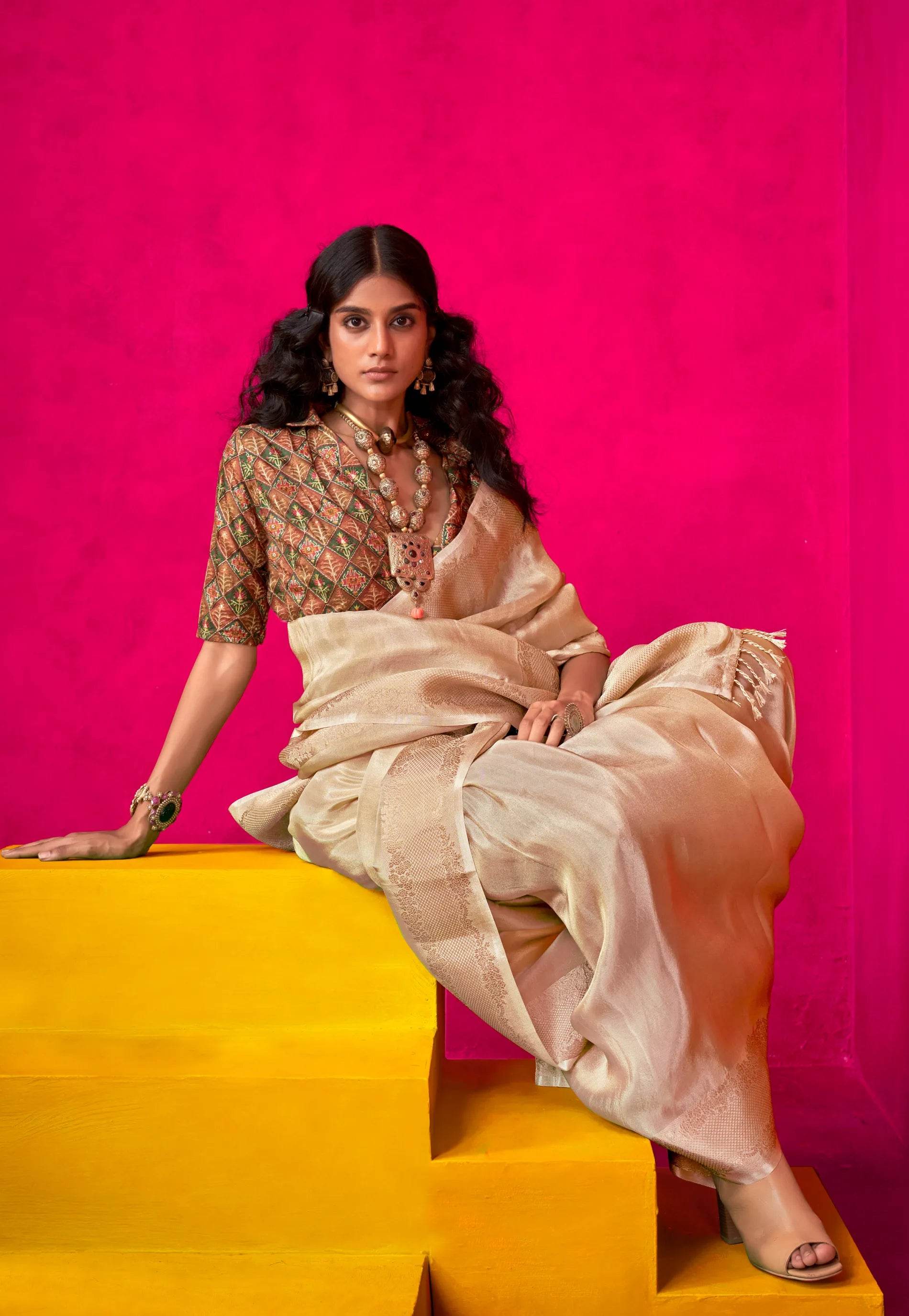 Beige Tissue Silk Saree with Blouse Piece - Adi Akshoy & Co.
