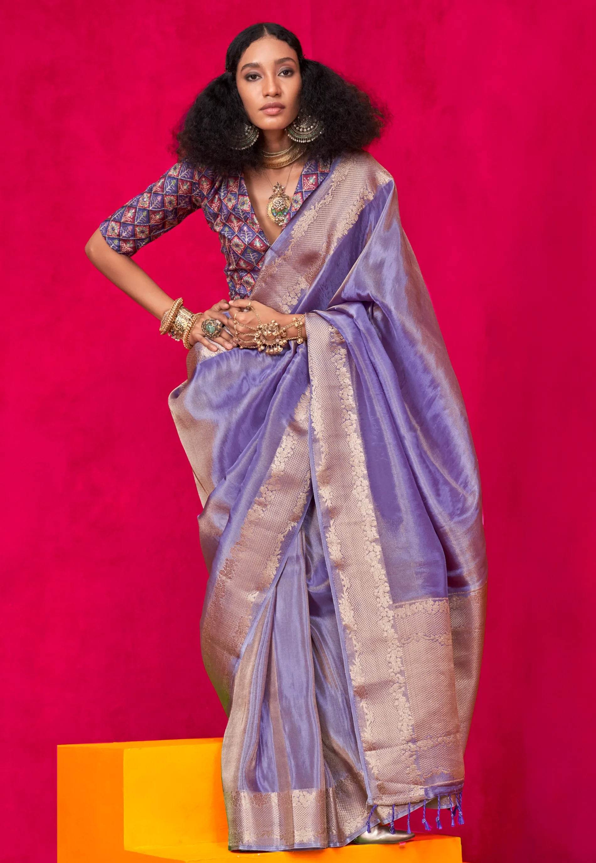 Purple Tissue Silk Saree with Blouse Piece - Adi Akshoy & Co.
