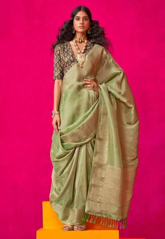 Pesta Green Tissue Silk Saree with Blouse Piece - Adi Akshoy & Co.