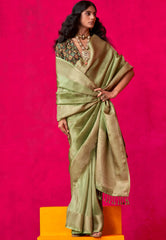 Pesta Green Tissue Silk Saree with Blouse Piece - Adi Akshoy & Co.