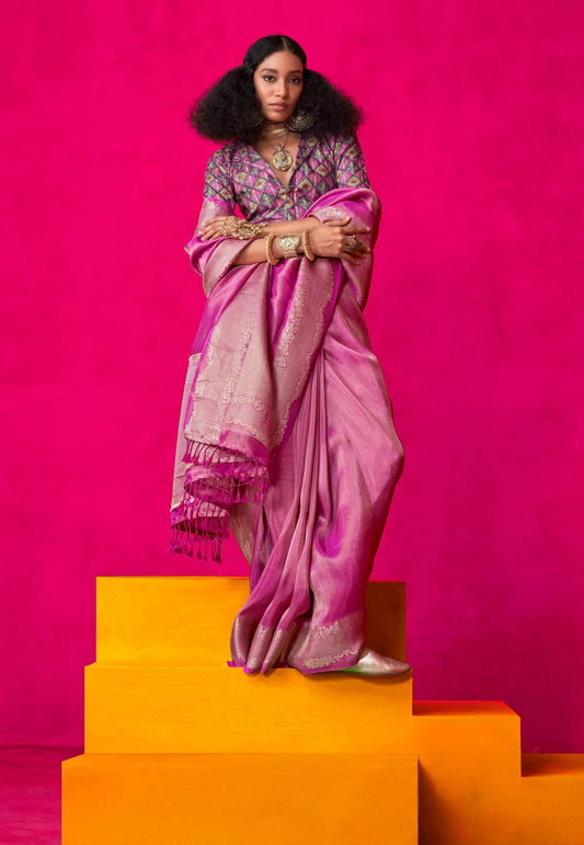 Rani Pink Tissue Silk Saree with Blouse Piece - Adi Akshoy & Co.