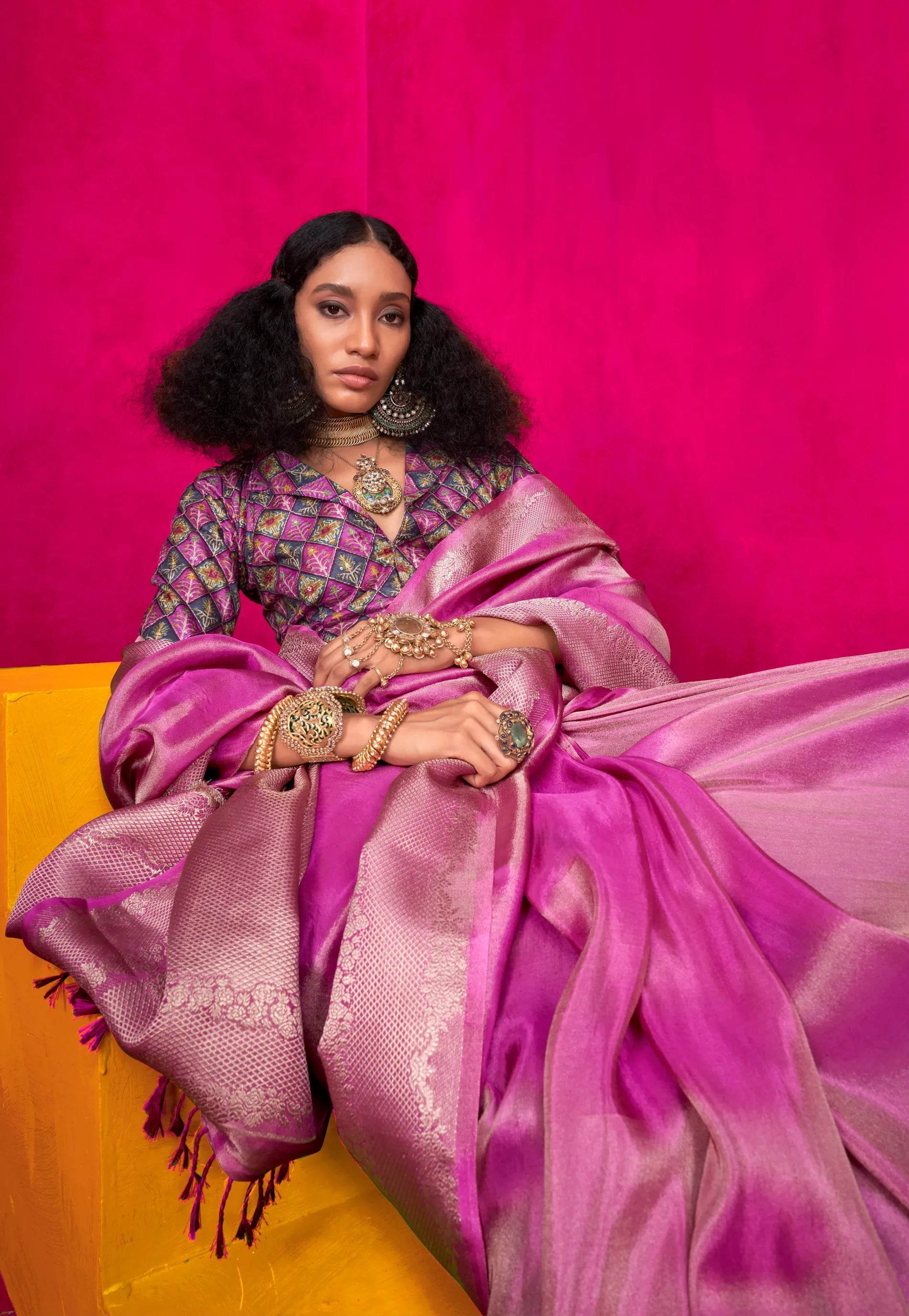 Rani Pink Tissue Silk Saree with Blouse Piece - Adi Akshoy & Co.