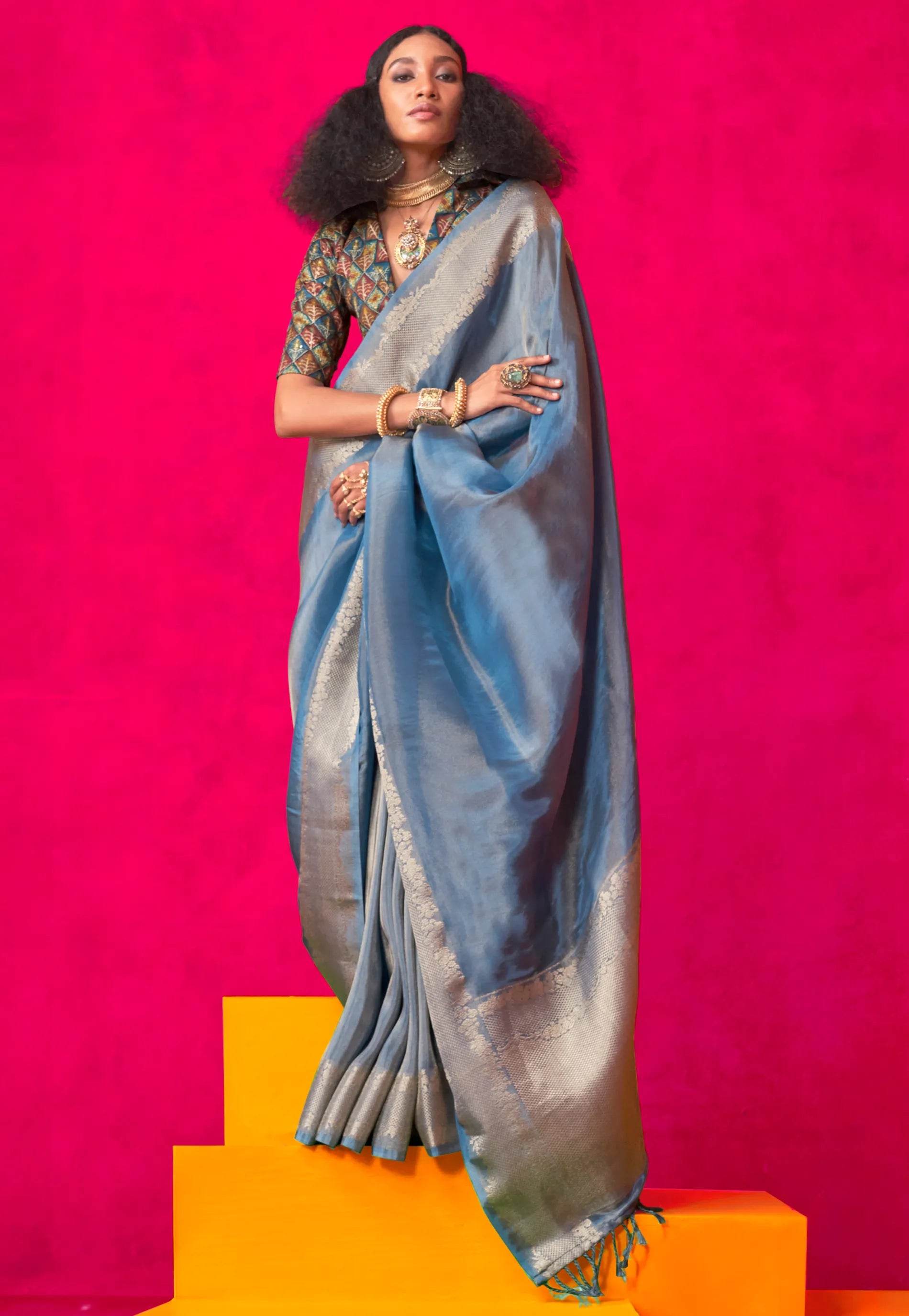 Blue Tissue Silk Saree with Blouse Piece - Adi Akshoy & Co.