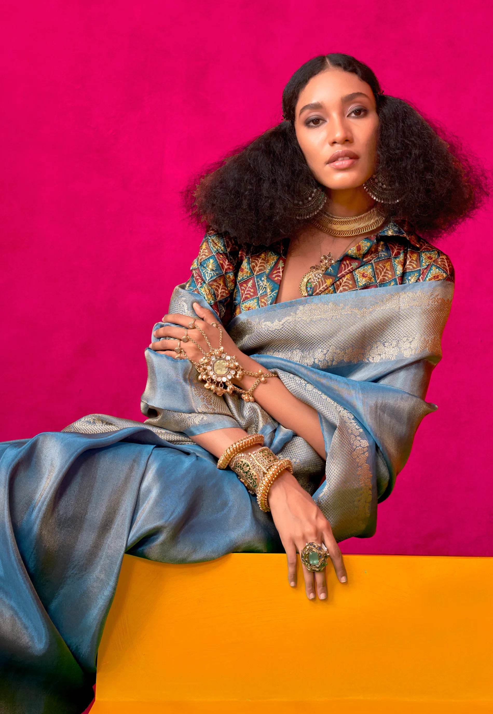 Blue Tissue Silk Saree with Blouse Piece - Adi Akshoy & Co.