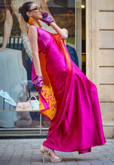 Vibrant Rani Ajrakh Print Modal Silk Saree With Blouse Piece - Adi Akshoy & Co.