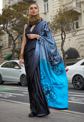 Black Ajrakh Print Modal Silk Saree With Blouse Piece - Adi Akshoy & Co.