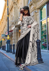 Black & White Ajrakh Print Modal Silk Saree With Blouse Piece - Adi Akshoy & Co.